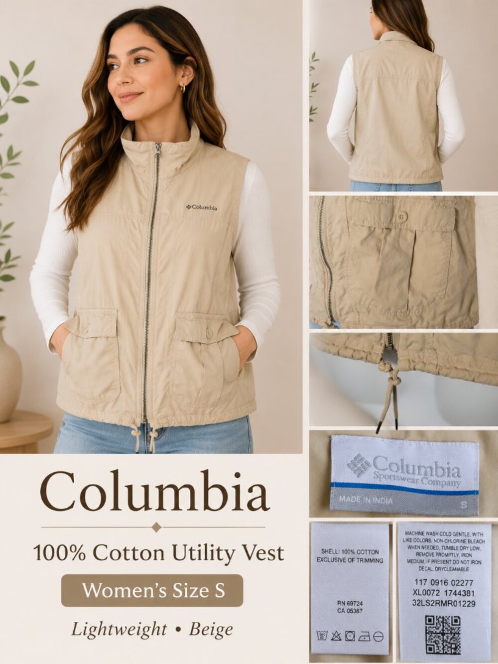 Columbia Beige 100% Cotton Lightweight Utility Vest Size Small